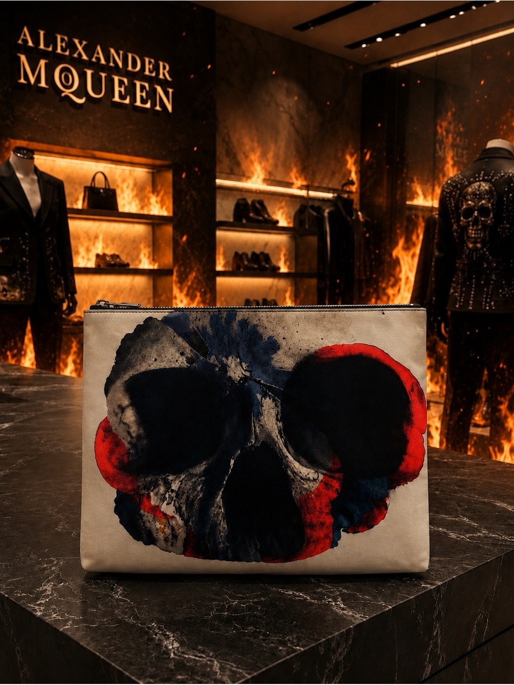 Alexander McQueen 2019 Beige Pouch with Black and Red Skull Motif